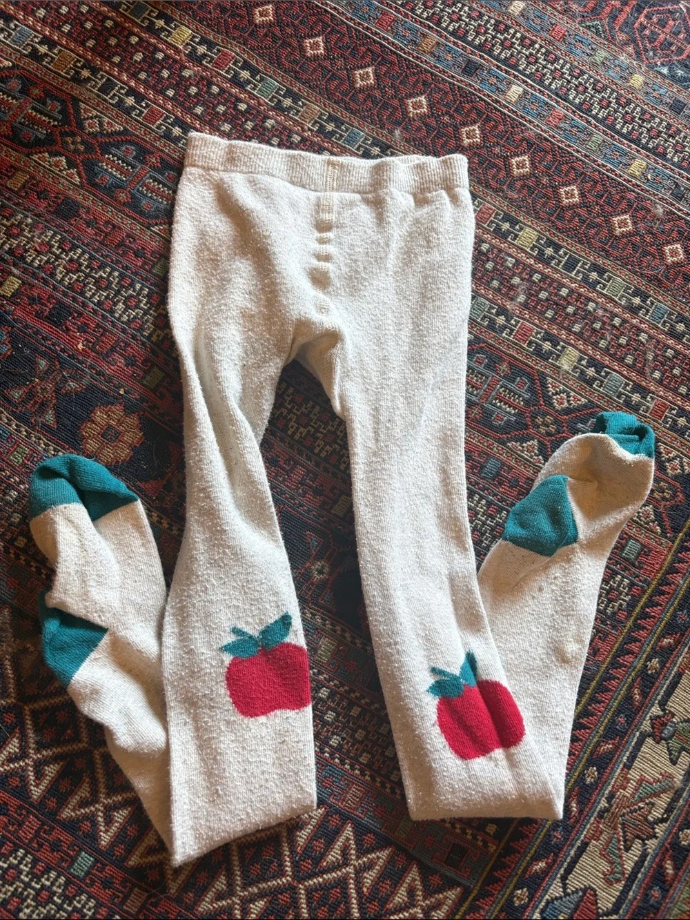 Hanna Andersson Cream Tights with Red Apple & Teal Accents